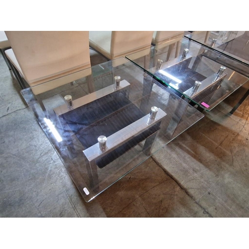 100 - Set of Modern Glass Top Coffee / Side Tables with Chrome Colour Legs and Black Lower Shelf, Includes... 