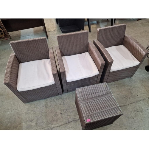 81 - Set of 3 x Ratan Garden / Patio Armchairs with Seat Cushions and Matching Glass Top Side Table, (4)