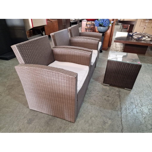 81 - Set of 3 x Ratan Garden / Patio Armchairs with Seat Cushions and Matching Glass Top Side Table, (4)