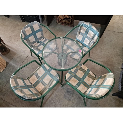 82 - Carlsberg Garden / Patio Set of 4 x Green Aluminium Chairs (stackable) with Seat Cushions and Glass ... 