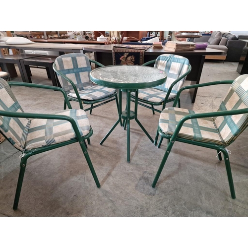 82 - Carlsberg Garden / Patio Set of 4 x Green Aluminium Chairs (stackable) with Seat Cushions and Glass ... 