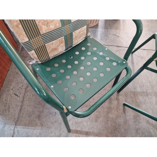 82 - Carlsberg Garden / Patio Set of 4 x Green Aluminium Chairs (stackable) with Seat Cushions and Glass ... 