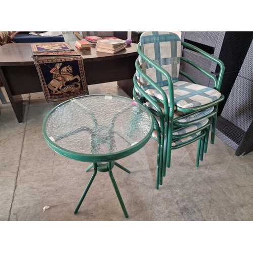 82 - Carlsberg Garden / Patio Set of 4 x Green Aluminium Chairs (stackable) with Seat Cushions and Glass ... 