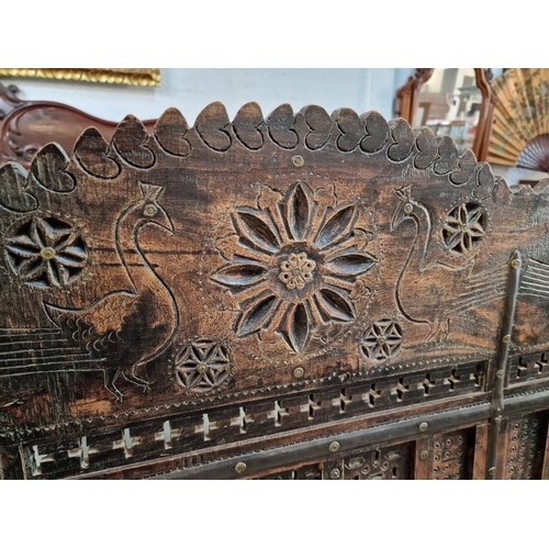 42 - Vintage Carved Wood Bench with Rope Seat and Metal Studs, (Approx. 103 x 60 x 105cm Overall)