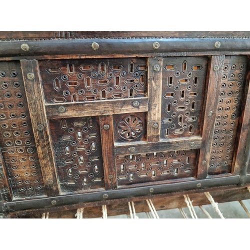 42 - Vintage Carved Wood Bench with Rope Seat and Metal Studs, (Approx. 103 x 60 x 105cm Overall)