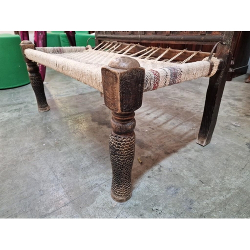 42 - Vintage Carved Wood Bench with Rope Seat and Metal Studs, (Approx. 103 x 60 x 105cm Overall)