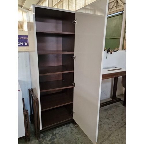 96 - Gloss White Roche Bobois Cupboard Over Designer Dark Wood Base / Frame, with Full Height Door and 5 ... 