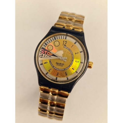 225 - Swatch Watch, AG1993, with Blue Colour Case and Gold / Silver Colour Face, Swiss Made, Quartz, on Tw... 