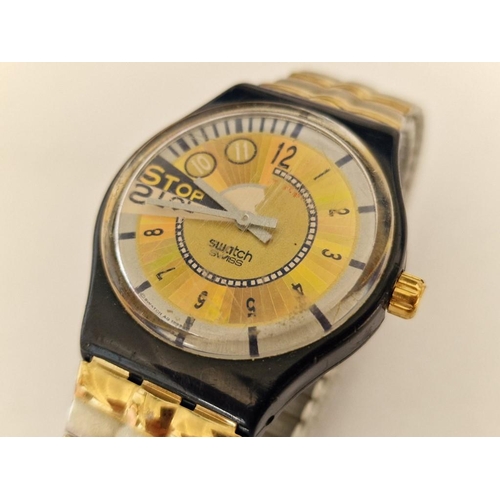 225 - Swatch Watch, AG1993, with Blue Colour Case and Gold / Silver Colour Face, Swiss Made, Quartz, on Tw... 