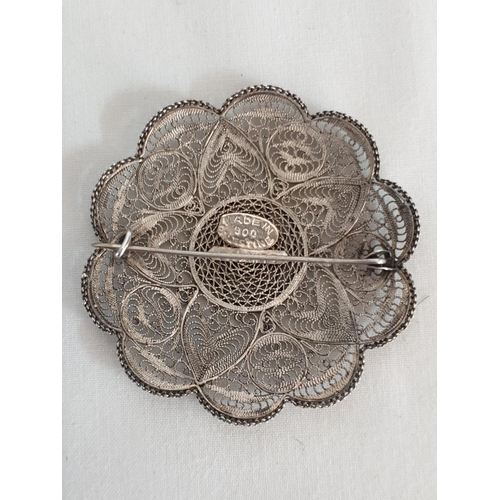 30 - Decorative Filigree Silver Brooch, Stamped .900 Made in Palestine (Approx Ø5.5cm)