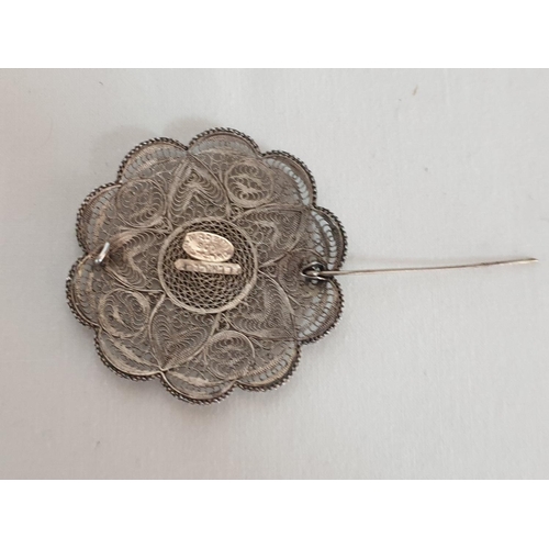 30 - Decorative Filigree Silver Brooch, Stamped .900 Made in Palestine (Approx Ø5.5cm)