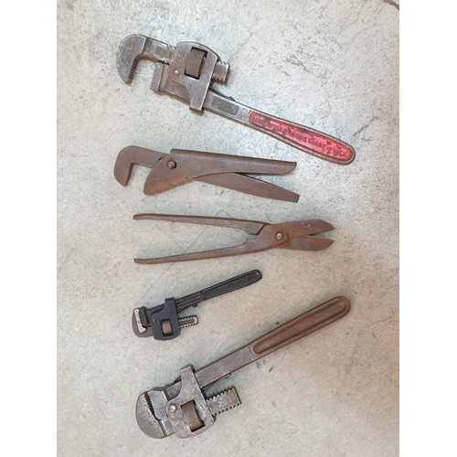 73 - 3 x Pair of Stilsons, Grip Wrench & Pair of Metal Snips