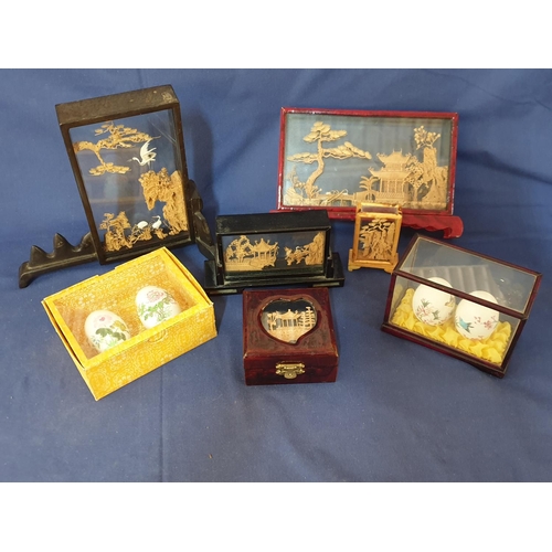 89 - Trinket Box with Cork Diarama Details, 4 - Oriental Cork Diarams Plus 2 - Cased Pair of Decorated Eg... 