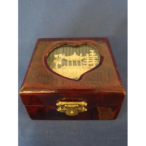 89 - Trinket Box with Cork Diarama Details, 4 - Oriental Cork Diarams Plus 2 - Cased Pair of Decorated Eg... 