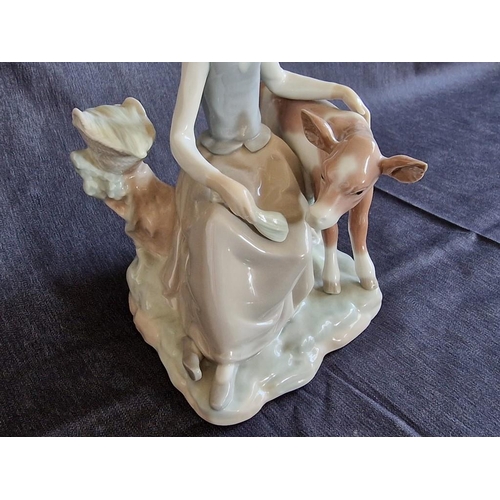 102 - Lladro Figurine of Seated Girl Feeding Cow / Calf, Made in Spain, Circa 1970's, Retired Piece, (Appr... 