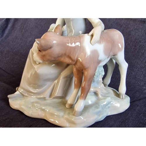 102 - Lladro Figurine of Seated Girl Feeding Cow / Calf, Made in Spain, Circa 1970's, Retired Piece, (Appr... 