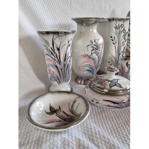 104 - Collection of Porcelain Tableware with Silver Colour Trim and Floral Decoration, Made in Greece; Lid... 