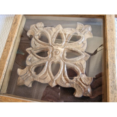 113 - Set of 3 x Framed Carved Wood Symbols / Emblems in Oak Effect Box Frames, (Approx. 24 x 24 x 3.5cm e... 