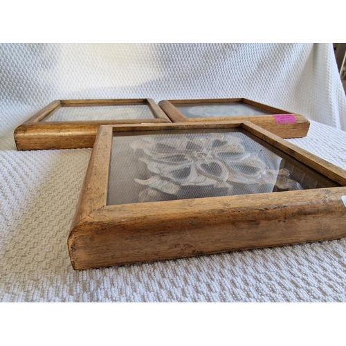 113 - Set of 3 x Framed Carved Wood Symbols / Emblems in Oak Effect Box Frames, (Approx. 24 x 24 x 3.5cm e... 