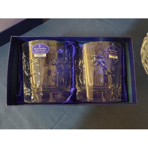 17 - Boxed Pair of Royal Doulton Whisky Tumblers & Three Decanters