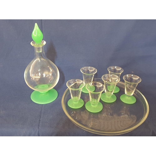 20 - Early 20th Century, Glass Liqueur Decanter with Green Glass Stopper and Base and 6 x Glasses with Gr... 