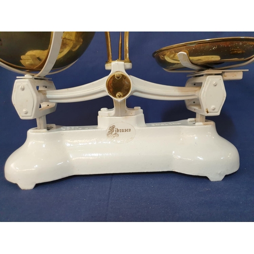 5 - Vintage Rare White Cast Iron Kitchen Scales Complete with Brass Pans & 7-Brass Bell Weights