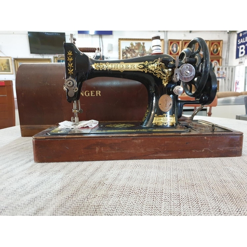 67 - Antique Singer Hand Sewing Machine Complete with Wooden Cover and Key, Dated May 1922 with Instructi... 