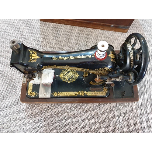 67 - Antique Singer Hand Sewing Machine Complete with Wooden Cover and Key, Dated May 1922 with Instructi... 