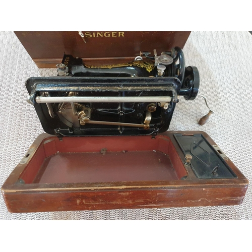 67 - Antique Singer Hand Sewing Machine Complete with Wooden Cover and Key, Dated May 1922 with Instructi... 