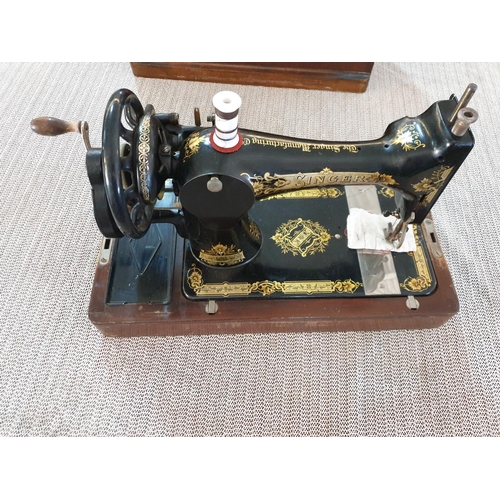 67 - Antique Singer Hand Sewing Machine Complete with Wooden Cover and Key, Dated May 1922 with Instructi... 