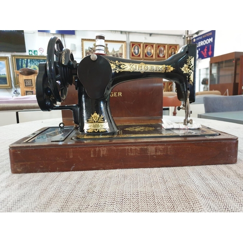 67 - Antique Singer Hand Sewing Machine Complete with Wooden Cover and Key, Dated May 1922 with Instructi... 