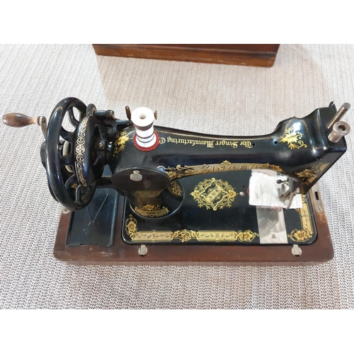 67 - Antique Singer Hand Sewing Machine Complete with Wooden Cover and Key, Dated May 1922 with Instructi... 