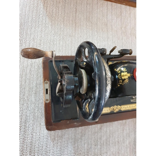 67 - Antique Singer Hand Sewing Machine Complete with Wooden Cover and Key, Dated May 1922 with Instructi... 