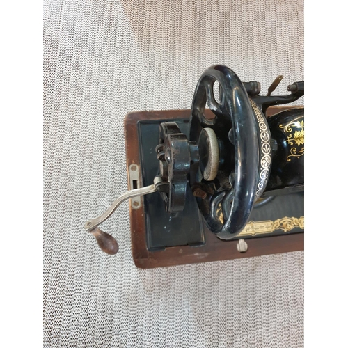 67 - Antique Singer Hand Sewing Machine Complete with Wooden Cover and Key, Dated May 1922 with Instructi... 