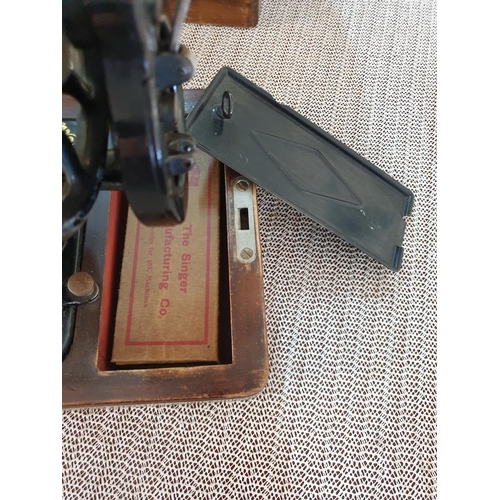 67 - Antique Singer Hand Sewing Machine Complete with Wooden Cover and Key, Dated May 1922 with Instructi... 