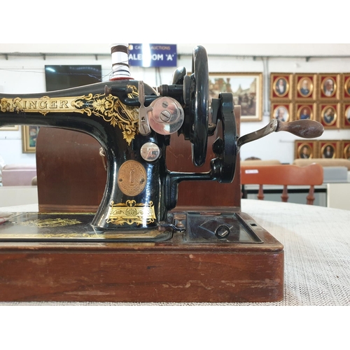 67 - Antique Singer Hand Sewing Machine Complete with Wooden Cover and Key, Dated May 1922 with Instructi... 