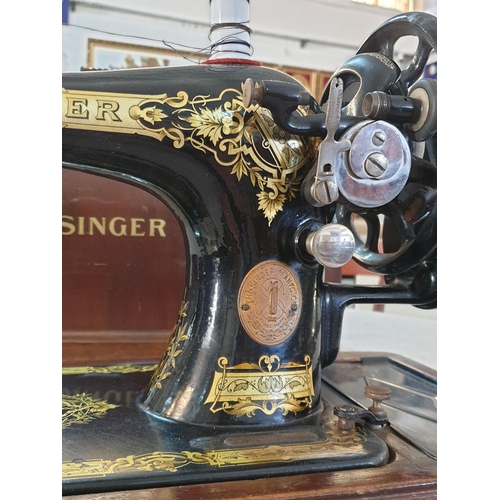 67 - Antique Singer Hand Sewing Machine Complete with Wooden Cover and Key, Dated May 1922 with Instructi... 