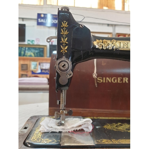 67 - Antique Singer Hand Sewing Machine Complete with Wooden Cover and Key, Dated May 1922 with Instructi... 