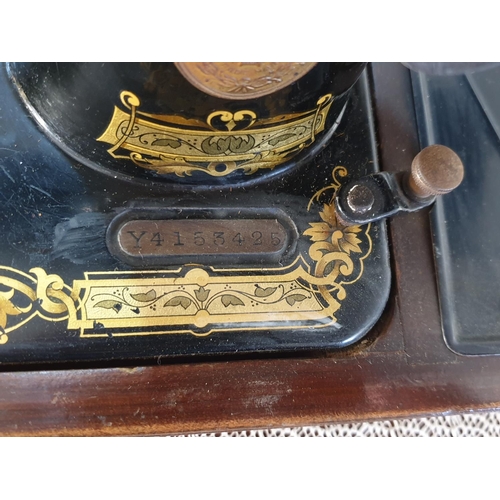 67 - Antique Singer Hand Sewing Machine Complete with Wooden Cover and Key, Dated May 1922 with Instructi... 