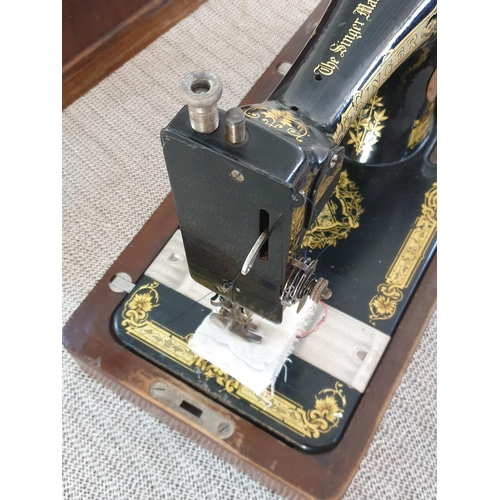 67 - Antique Singer Hand Sewing Machine Complete with Wooden Cover and Key, Dated May 1922 with Instructi... 