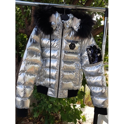 216 - Phillip Plein Fur Hooded Puffer Jacket with Silver Metallic, Size S