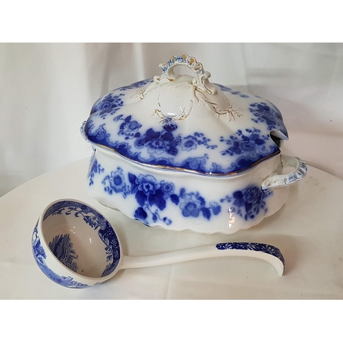 217 - Unique Antique Blue / White Soup Tureen with Lid (Japanese) Together with Porcelain Blue / White Lad... 