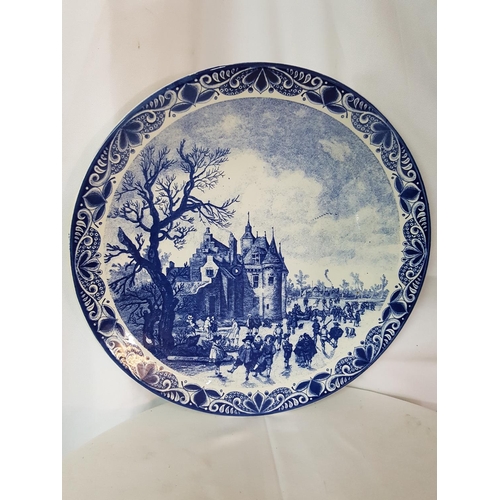 218 - Large Porcelain Delfts Blauw Chemkefa Plate (Ø40cm) with Ica Skaters Scene, Made in Holland