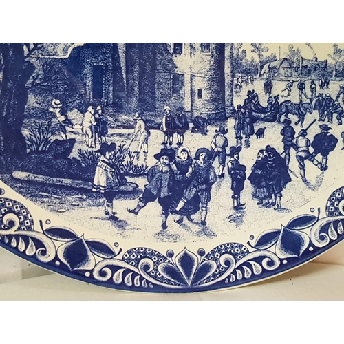 218 - Large Porcelain Delfts Blauw Chemkefa Plate (Ø40cm) with Ica Skaters Scene, Made in Holland