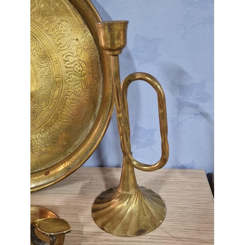 28 - Collection of Brass Items; Round Tray, 'Trumpet' Shaped Candle Holder, 3 x Pairs of Candle Sticks, 2... 