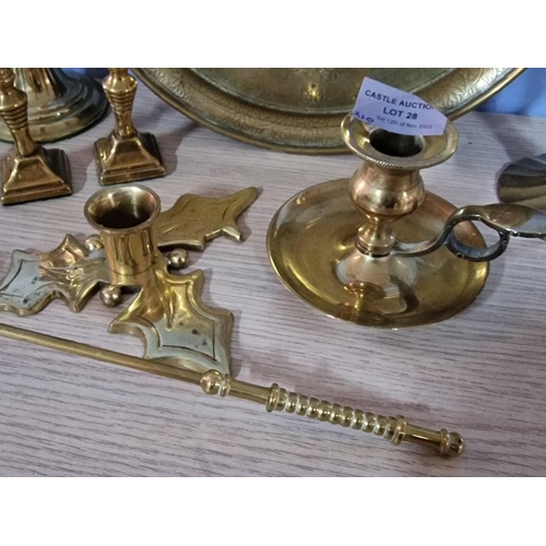 28 - Collection of Brass Items; Round Tray, 'Trumpet' Shaped Candle Holder, 3 x Pairs of Candle Sticks, 2... 