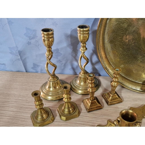 28 - Collection of Brass Items; Round Tray, 'Trumpet' Shaped Candle Holder, 3 x Pairs of Candle Sticks, 2... 