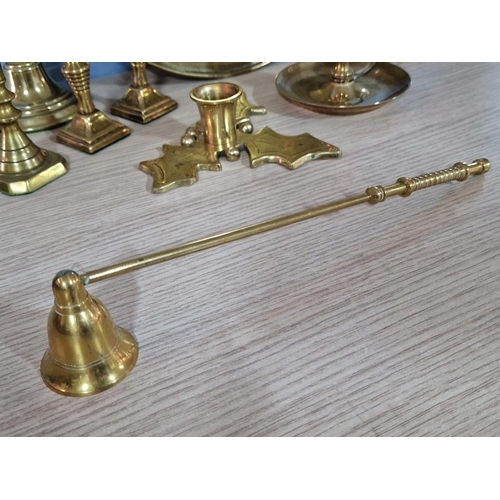 28 - Collection of Brass Items; Round Tray, 'Trumpet' Shaped Candle Holder, 3 x Pairs of Candle Sticks, 2... 