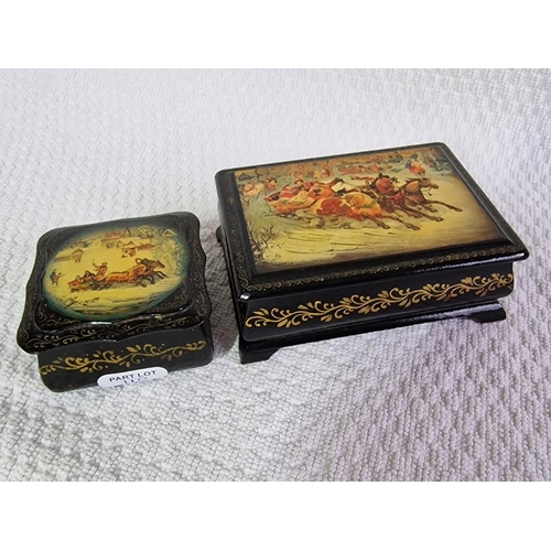 110 - 2 x Decorative Lidded Russian Boxes with Printed Scenes on Top, (Largest Approx. 11 x 8 x 4.5cm), (2... 