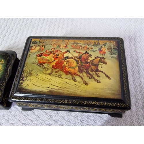 110 - 2 x Decorative Lidded Russian Boxes with Printed Scenes on Top, (Largest Approx. 11 x 8 x 4.5cm), (2... 